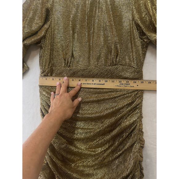 Shona Joy Cleo Circle Sleeve Ruched Mini Dress Womens 8 Gold Metallic Crepe - Picture 10 of 16